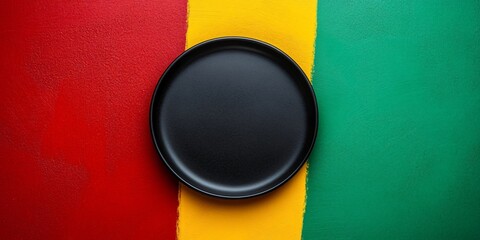 A minimalistic black circular plate on a vibrant red, yellow, and green backdrop, ideal for Black History Month promotions, food styling, and festive event marketing.