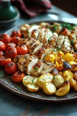 The grilled chicken is well-seasoned, and it's accompanied by a variety of vibrant vegetables that are roasted to perfection.