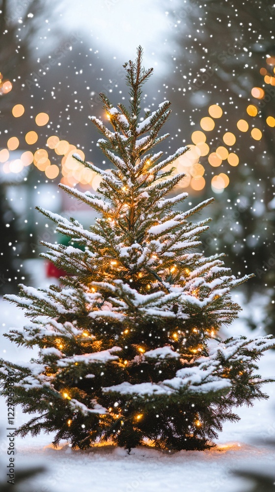 Wall mural Magical snow-covered Christmas tree glowing with warm lights during snowfall, creating perfect holiday atmosphere with bokeh effect and winter wonderland scenery at dusk.