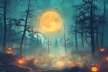 Obraz premium Mysterious Haunted House on a Foggy Halloween Night with Glowing Jack-o’-Lanterns, Flying Bats, and an Eerie Gothic Atmosphere