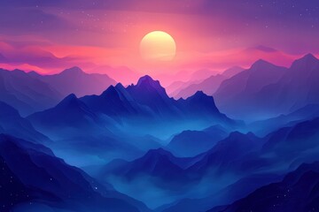 Mysterious mystical mountain landscape at sunset. The sun sets behind majestic mountains, illuminating the water with vibrant colors of dusk.