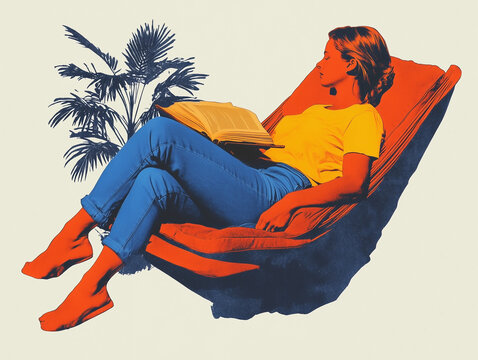 Illustration d'inspiration r&eacute;tro en s&eacute;rigraphie d'une femme, 30 ans, qui se repose dans un hamac avec un livre &agrave; la main, loisir lecture en vacances, la d&eacute;tente &agrave; port&eacute;e d'ouvrage, sur fond blanc