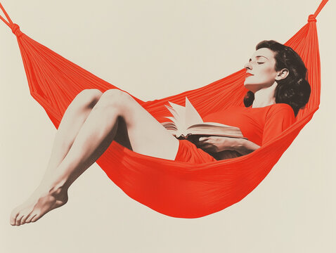 Illustration d'inspiration r&eacute;tro en s&eacute;rigraphie d'une femme, 30 ans, qui se repose dans un hamac avec un livre &agrave; la main, loisir lecture en vacances, la d&eacute;tente &agrave; port&eacute;e d'ouvrage, sur fond blanc