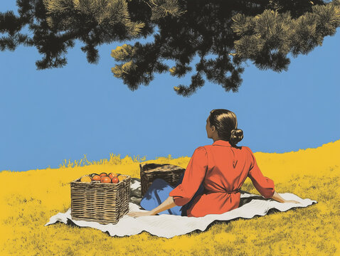 Illustration vintage d'inspiration fauve d'une femme qui se repose sur une couverture pendant qu'elle pique-nique sous un arbre, la campagne l'&eacute;t&eacute; en vacances