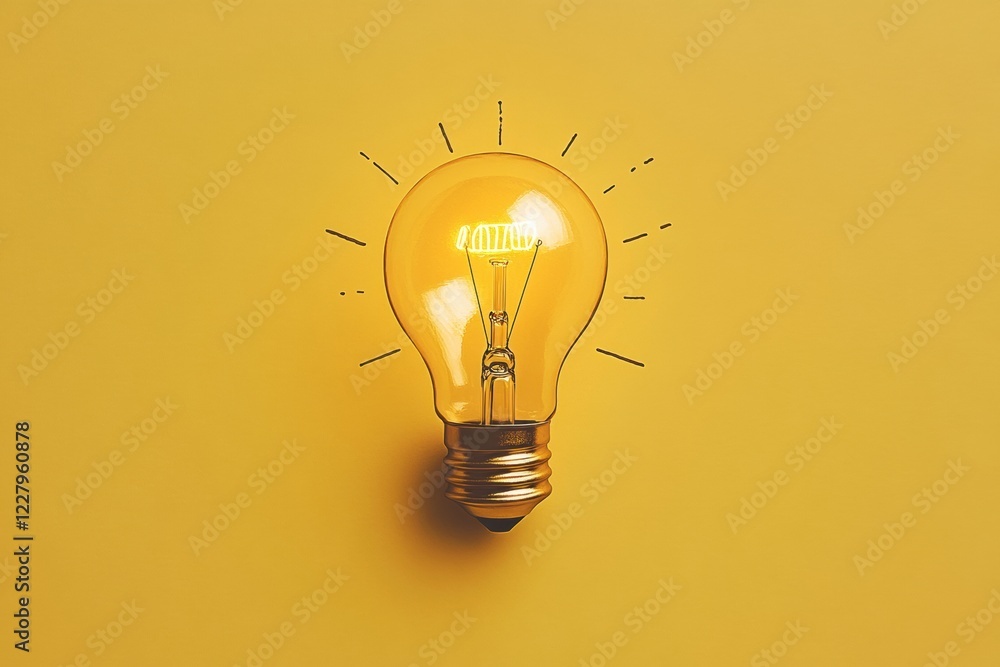 Poster bright light bulb glowing in front of a vibrant yellow background, casting warm ambient light in a c