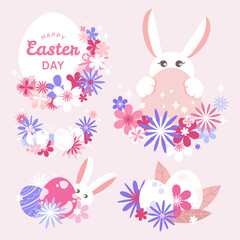 Easter themed set of illustrations with a bunny, decorated eggs, and floral elements in pastel colors. Perfect for greeting cards, invitations, prints, and festive designs.Vector
