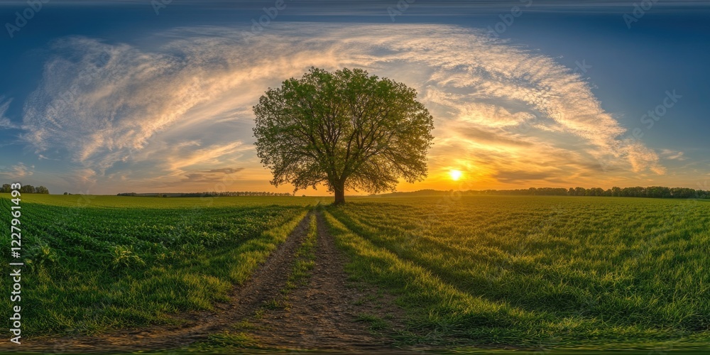 Poster a large tree stands in a field with a beautiful sunset in the background. the sky is filled with clo