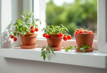 Fresh cherry tomatoes and herbs growing in terracotta pots on a sunny windowsill. Indoor gardening for homegrown produce. Kitchen garden with vibrant red tomatoes