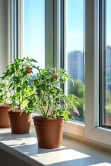 Fototapeta premium Tomato plants growing on sunny windowsill. Indoor gardening in small spaces. Fresh homegrown vegetables. Urban farming and sustainable living