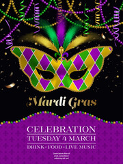 mardi gras poster with butterfly shaped mask, feathers, beads and streamers. carnival party flyer © Angelica
