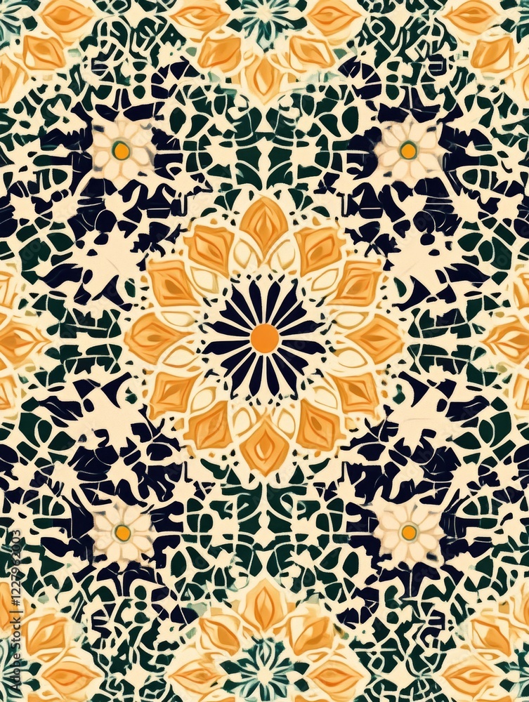 Poster a colorful floral pattern with a yellow center. the flowers are scattered throughout the design, wit
