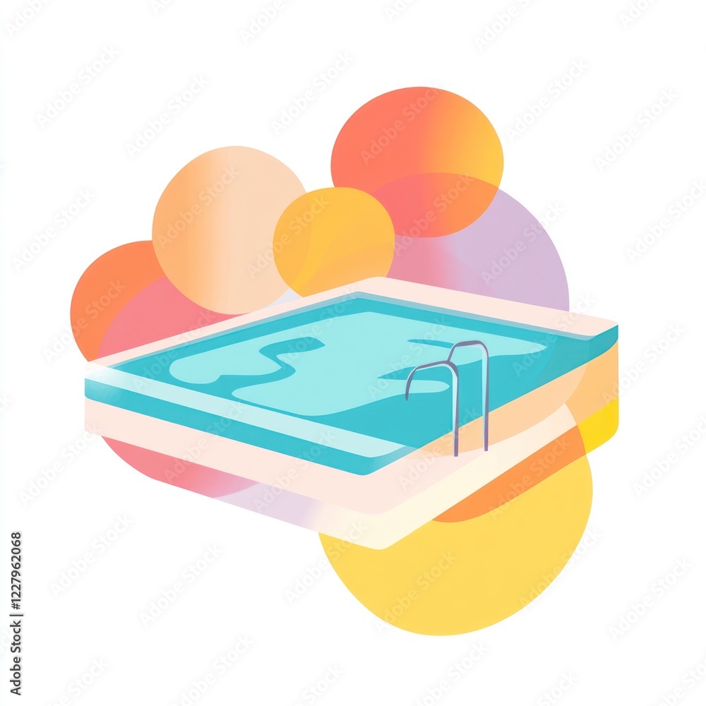 Poster elevated pool with ladder surrounded by colorful circles, isolated for background design