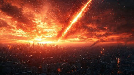 Crumbling City Skyline Under Massive Meteor Shower Fiery Trails Streaking Across Blood Red Sky World Ending Concept