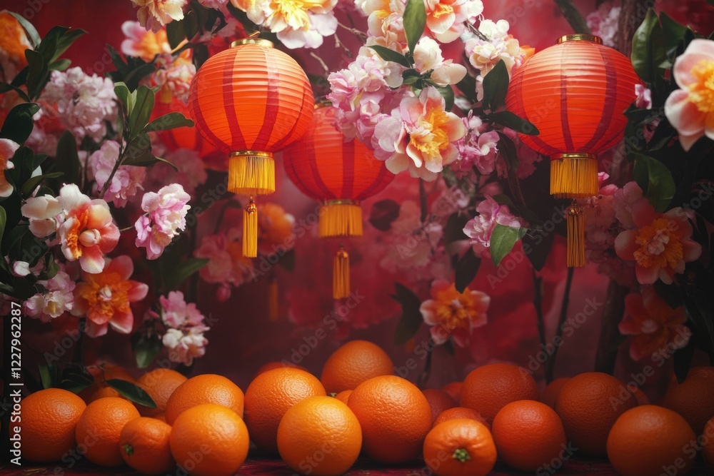 Poster a bunch of oranges and red lanterns hanging from a tree. the scene is very colorful and lively
