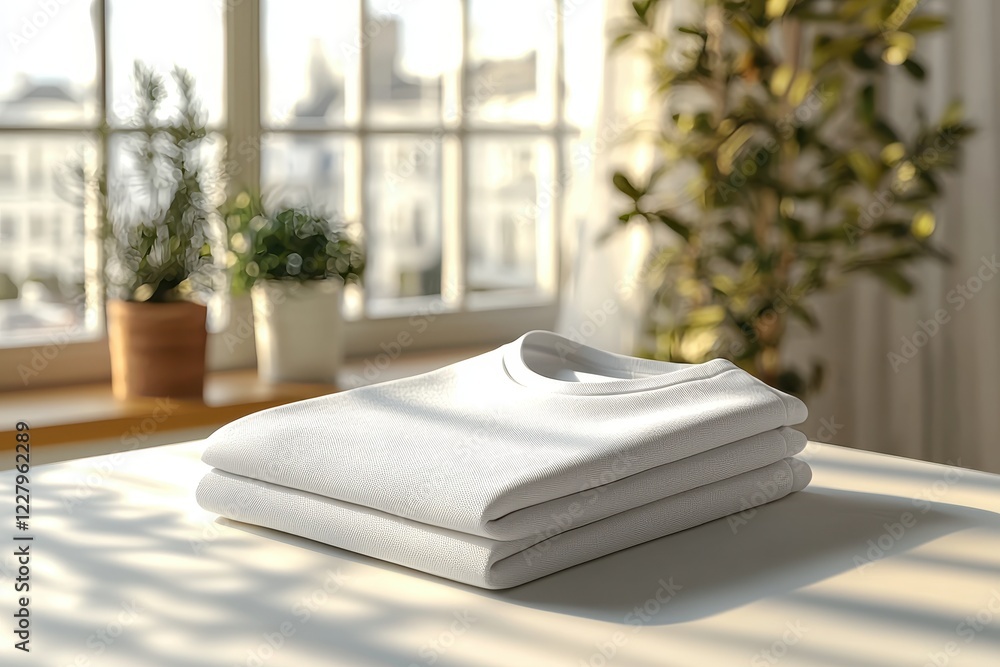Poster a neatly folded stack of white t-shirts on a table near a window.