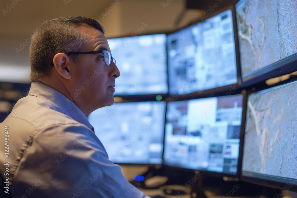 Poster security professional analyzing data on monitors, working in network operations center, ensuring onl