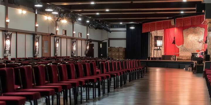 A spacious theater with red chairs and a stage for performances.