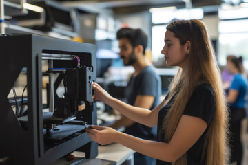 Engineers collaborating in a laboratory, utilizing a 3D printer to create detailed mockups for an innovative new project