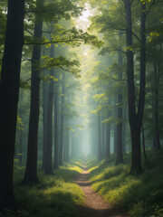 Obraz premium Misty forest path creating a serene atmosphere in the heart of nature during early morning hours