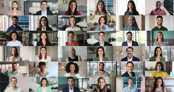 Collage of faces shown in multiple grids, group of men and women representing diversity, inclusion, global connectivity. Collaboration across cultures and industries. Professionalism, communication