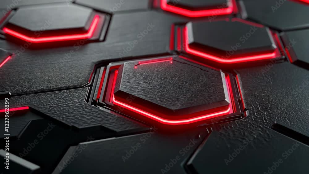 Aufkleber close-up view of a textured black surface with glowing red hexagonal patterns in a futuristic design