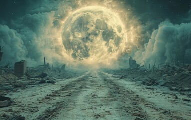 Surreal Scene of the Moon Crashing Into Earth Amid Tidal Waves and Shattered Landscapes Depicting Imminent Doom and the End of the World Concept