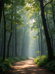 Obraz premium Serene forest path illuminated by soft morning light in a tranquil woodland setting