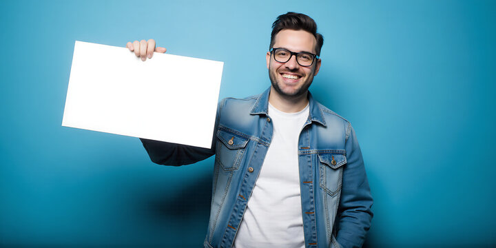 Guy with copy space bord for advertising text or product.
