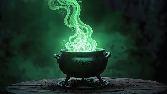Glowing Green Potion in a Mysterious Cauldron with Swirling Fog and Magical Light