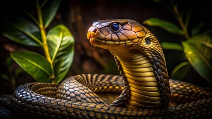 Fototapeta premium Javanese Cobra Snake Double Exposure Black Background Indonesian Wildlife