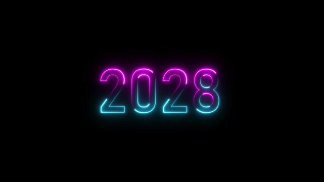 New Year 2028 animation. 2028 number neon text black background animation. 4k video