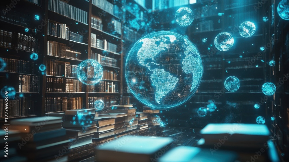 Poster an interconnected network of floating globes and books representing the global exchange of ideas a s