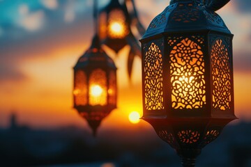 Five hanging traditional lanterns with lit candles, evening ambiance, Middle Eastern design, cultural symbolism.