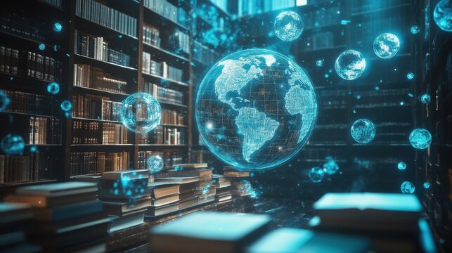 An interconnected network of floating globes and books representing the global exchange of ideas a schools universities and students in various disciplines.