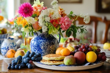 Pancakes and fresh fruit are served on a cozy breakfast table, creating a delightful and inviting atmosphere