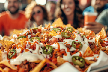 A fun party scene featuring a plate of nachos surrounded by friends, capturing the essence of fast Mexican cuisine and the joy of sharing a meal.