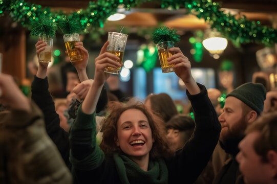 People raising beer glasses and celebrating St. Patrick's Day in a pub decorated with green garlands - Powered by Adobe