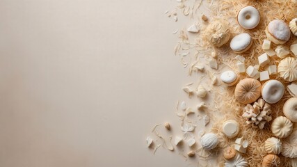 Obraz premium shell, sea, seashell, pearl, beach, jewelry, decoration, nature, frame, necklace, gold, shells, food, marine, isolated, beauty, seashells, ocean, flower, sand, closeup, border, yellow, object