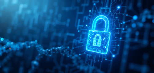 Abstract block chain cyber security protection burning blue Color gradient background, lock inspired, minimalist, chain digital lock, 