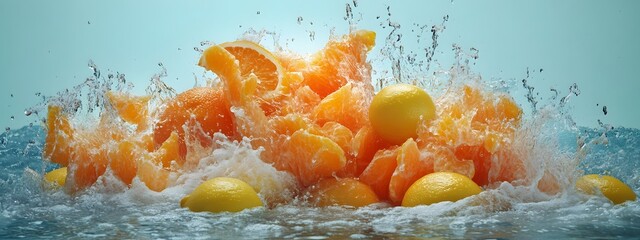 A pile of oranges is floating in the water, with several orange slices scattered around it.
