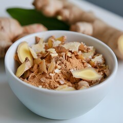 Fototapeta premium Ground ginger, pieces, bowl, kitchen, healthy food, recipe