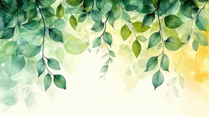 A watercolor illustration of green leaves cascading from the top.