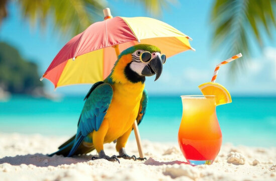 A cheerful parrot with sunglasses sits on the sand by a refreshing drink and an umbrella, enjoying a sunny beach day