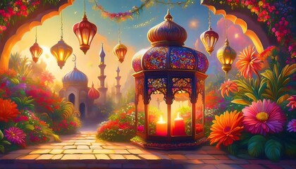 Obraz premium Elegant Ramadan Kareem Collection: Crescent Moons, Lanterns, and Islamic Calligraphy