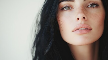 Obraz premium A close-up portrait of a beautiful young woman with long black hair, and a serene expression, showcasing natural beauty and elegance and tranquility, professional studio portrait photography. White ba