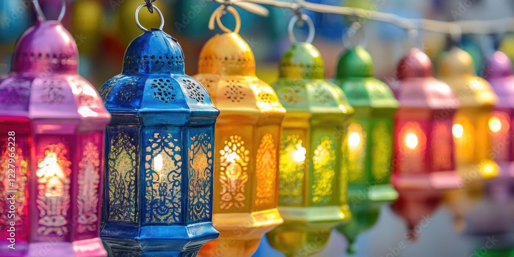 Poster the image shows a string of multicolored hanging lanterns. the lanterns are traditional and appear t