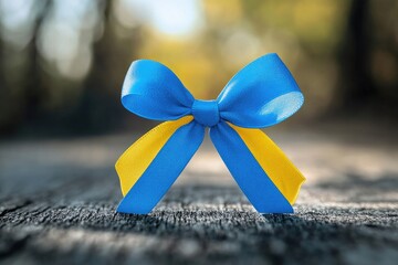 A blue and yellow ribbon bow is sitting on a wooden surface. The ribbon is tied in a bow shape, and the colors are bright and cheerful. Concept of happiness and celebration