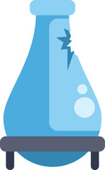 Blue glass flask with a broken side is sitting on a stand and leaking some liquid