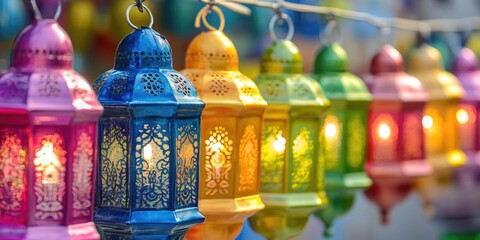 Obraz premium The image shows a string of multicolored hanging lanterns. The lanterns are traditional and appear to be part of a festival or celebration, known for their vibrant colors.