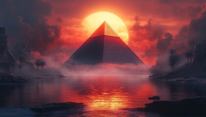 Pyramid at sunset on misty river, red sky, desert background, digital art